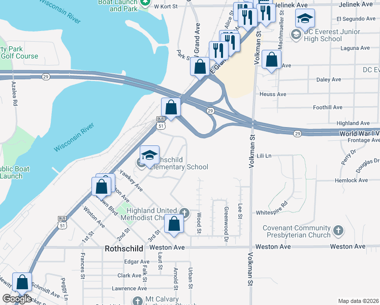 map of restaurants, bars, coffee shops, grocery stores, and more near 835 Everest Drive in Rothschild