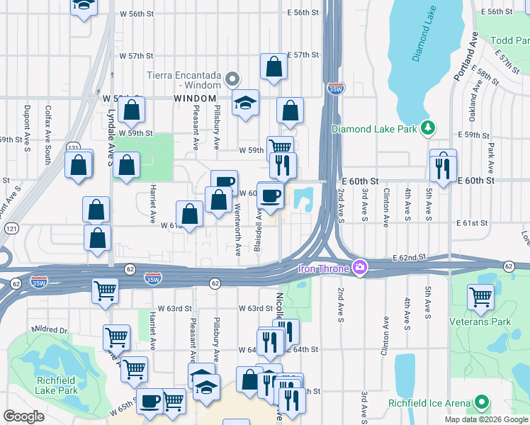 map of restaurants, bars, coffee shops, grocery stores, and more near in Minneapolis