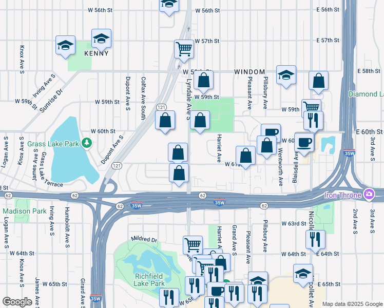 map of restaurants, bars, coffee shops, grocery stores, and more near 6021 Lyndale Avenue South in Minneapolis