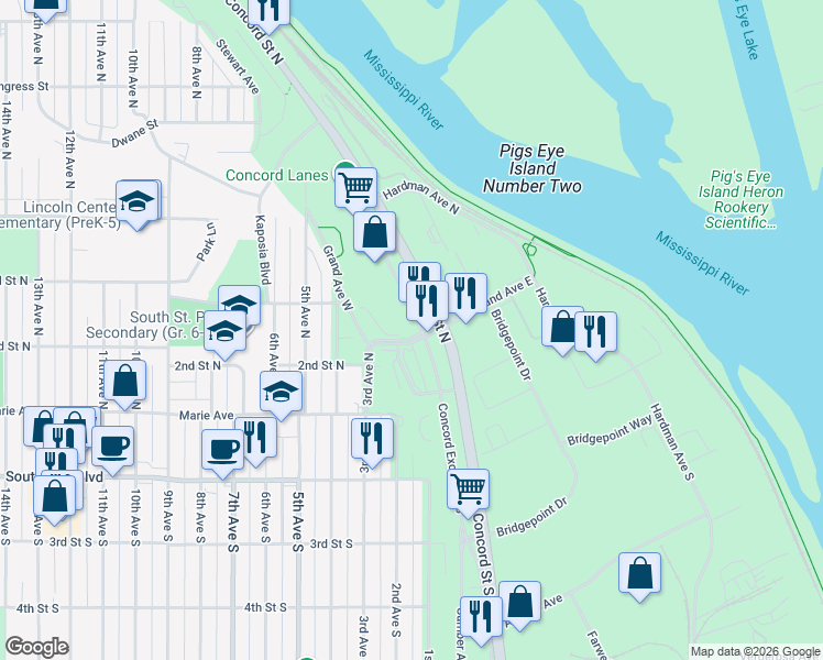 map of restaurants, bars, coffee shops, grocery stores, and more near 201 Concord Exchange North in South Saint Paul