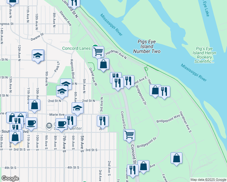 map of restaurants, bars, coffee shops, grocery stores, and more near 201 Concord Exchange North in South Saint Paul