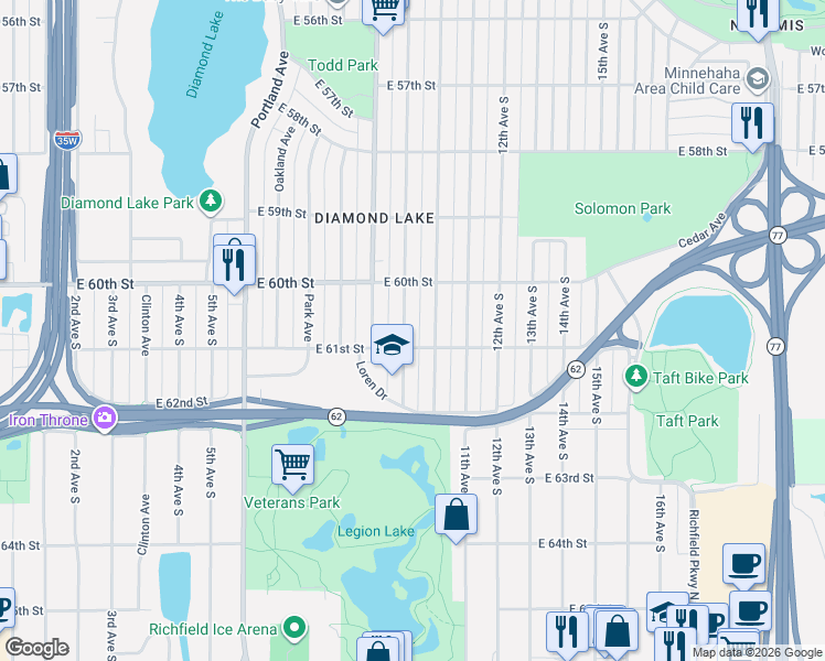 map of restaurants, bars, coffee shops, grocery stores, and more near 6020 10th Avenue South in Minneapolis