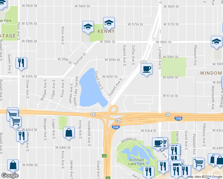 map of restaurants, bars, coffee shops, grocery stores, and more near 6021 Fremont Avenue South in Minneapolis