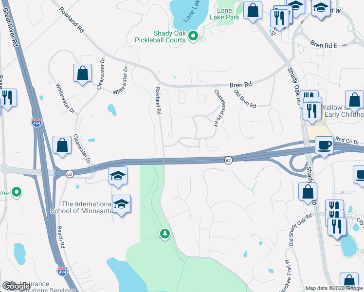 map of restaurants, bars, coffee shops, grocery stores, and more near 6177 Chasewood Parkway in Hopkins