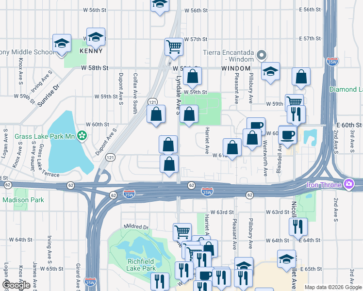 map of restaurants, bars, coffee shops, grocery stores, and more near 6021 Lyndale Avenue South in Minneapolis
