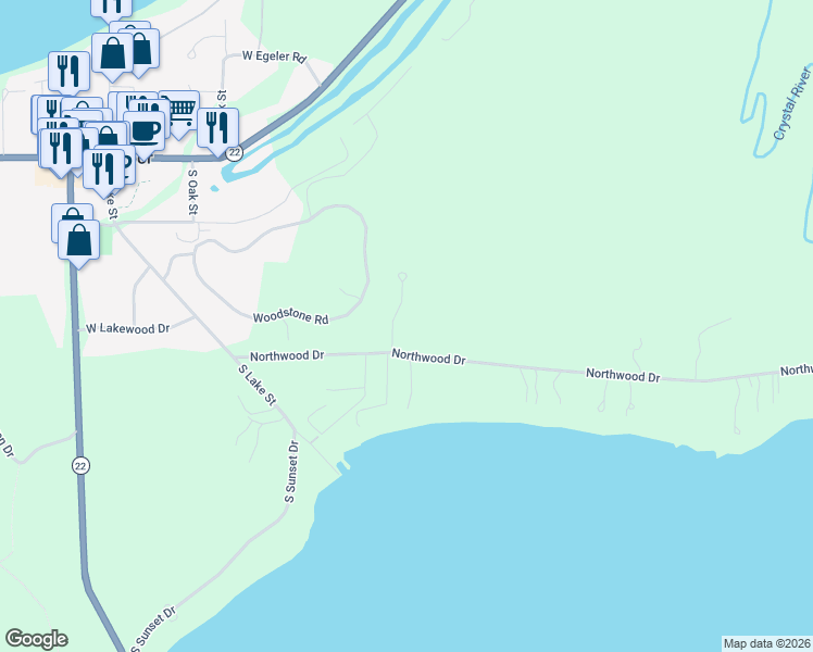 map of restaurants, bars, coffee shops, grocery stores, and more near 5792-5998 Northwood Drive in Glen Arbor