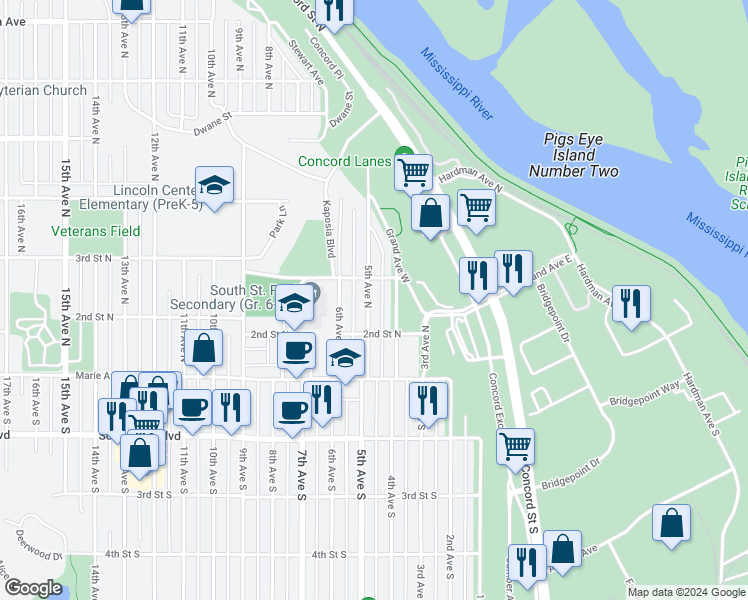 map of restaurants, bars, coffee shops, grocery stores, and more near 234 5th Avenue North in South Saint Paul