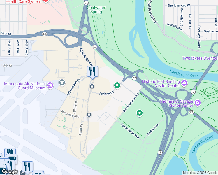 map of restaurants, bars, coffee shops, grocery stores, and more near Federal Drive in Saint Paul