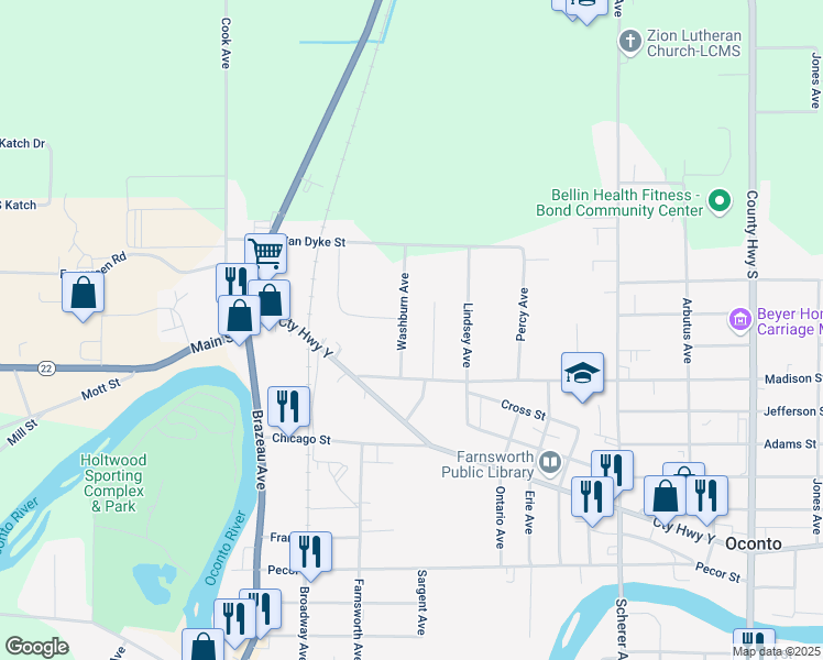 map of restaurants, bars, coffee shops, grocery stores, and more near 153 Luby Avenue in Oconto