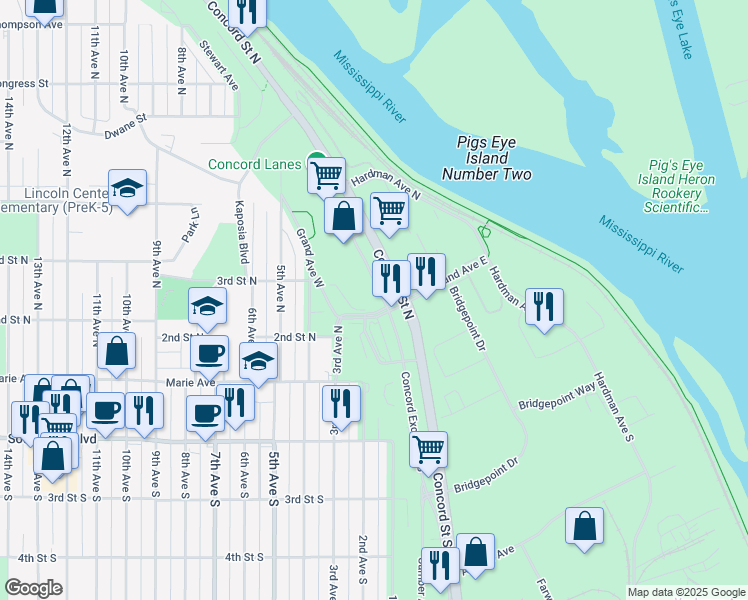 map of restaurants, bars, coffee shops, grocery stores, and more near 201 Concord Exchange North in South Saint Paul