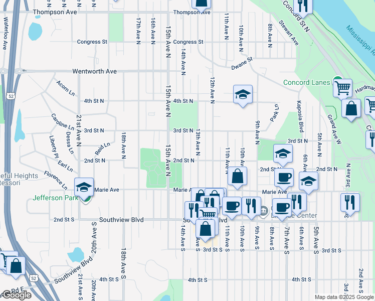 map of restaurants, bars, coffee shops, grocery stores, and more near 232 14th Avenue North in South Saint Paul