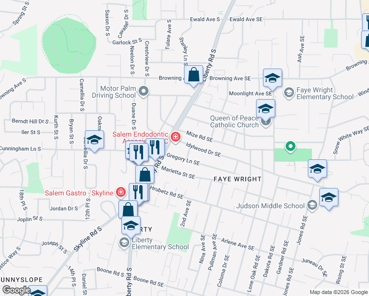 map of restaurants, bars, coffee shops, grocery stores, and more near 148 Idylwood Drive Southeast in Salem