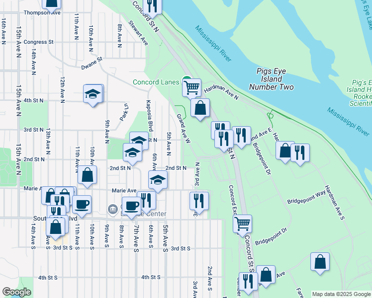 map of restaurants, bars, coffee shops, grocery stores, and more near 236 4th Avenue North in South Saint Paul