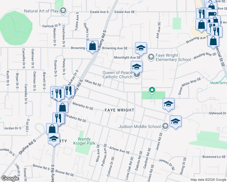map of restaurants, bars, coffee shops, grocery stores, and more near 266 Mize Road South in Salem