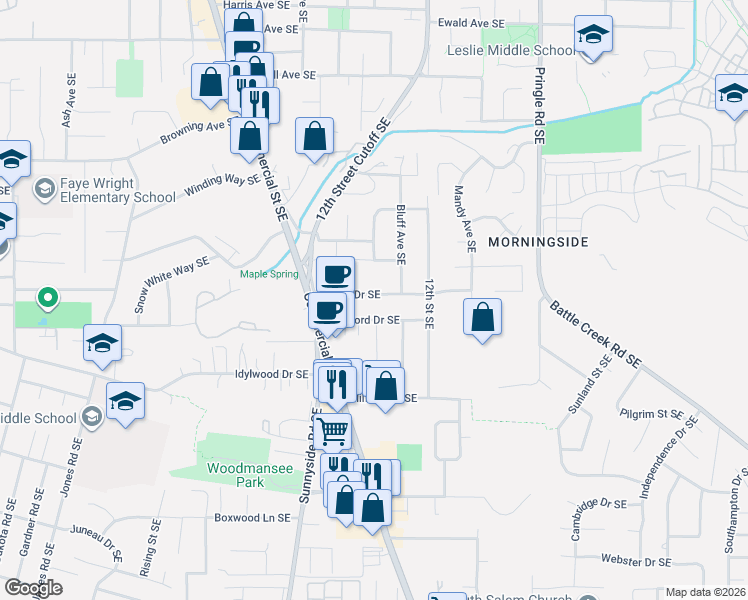 map of restaurants, bars, coffee shops, grocery stores, and more near 1075 Albert Drive Southeast in Salem