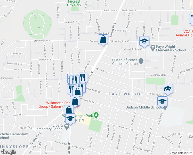map of restaurants, bars, coffee shops, grocery stores, and more near 4342 Liberty Road South in Salem