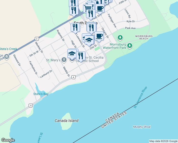 map of restaurants, bars, coffee shops, grocery stores, and more near 30 Lakeshore Drive in Morrisburg