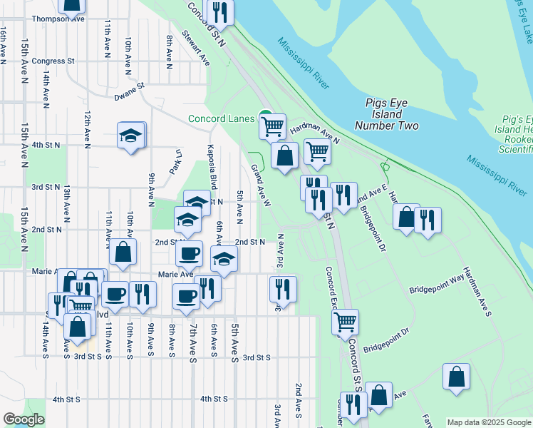 map of restaurants, bars, coffee shops, grocery stores, and more near 236 4th Avenue South in South Saint Paul