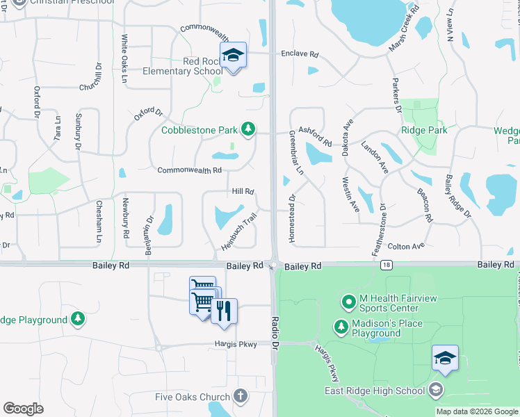 map of restaurants, bars, coffee shops, grocery stores, and more near Hill Road in Woodbury