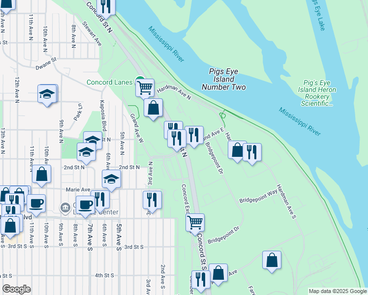 map of restaurants, bars, coffee shops, grocery stores, and more near 120 West Kellogg Boulevard in Saint Paul