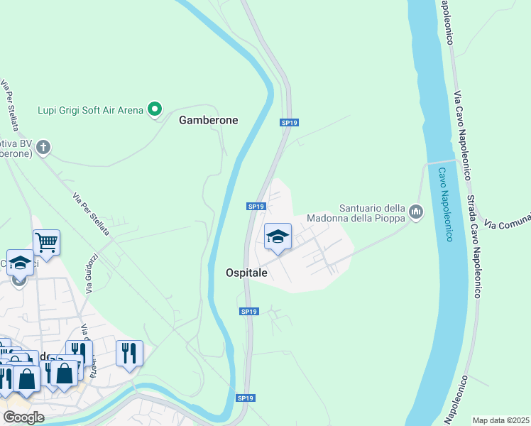 map of restaurants, bars, coffee shops, grocery stores, and more near Via U. Gallini in Bondeno