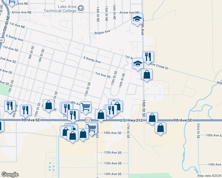 map of restaurants, bars, coffee shops, grocery stores, and more near 198 15th St SE in Watertown