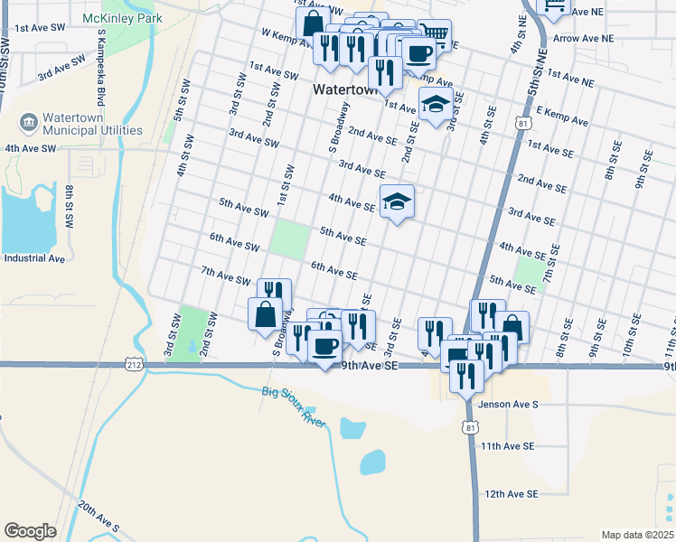 map of restaurants, bars, coffee shops, grocery stores, and more near 99 6th Ave SE in Watertown