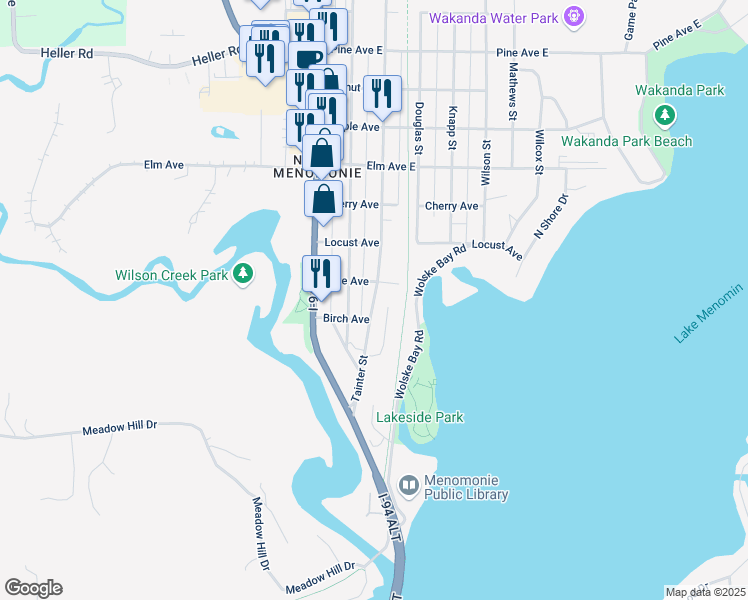 map of restaurants, bars, coffee shops, grocery stores, and more near 934 Tainter Street in Menomonie