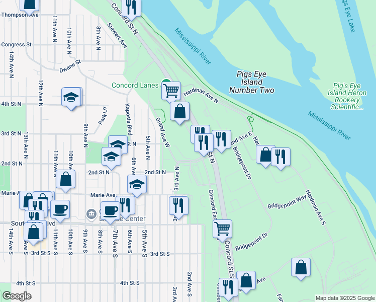 map of restaurants, bars, coffee shops, grocery stores, and more near 201 Concord Exchange North in South Saint Paul