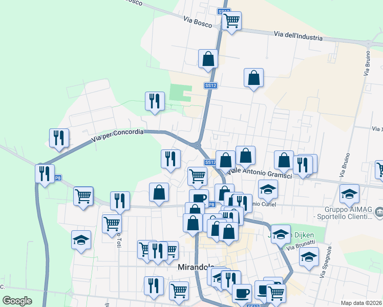 map of restaurants, bars, coffee shops, grocery stores, and more near Via dell'Orto in Mirandola