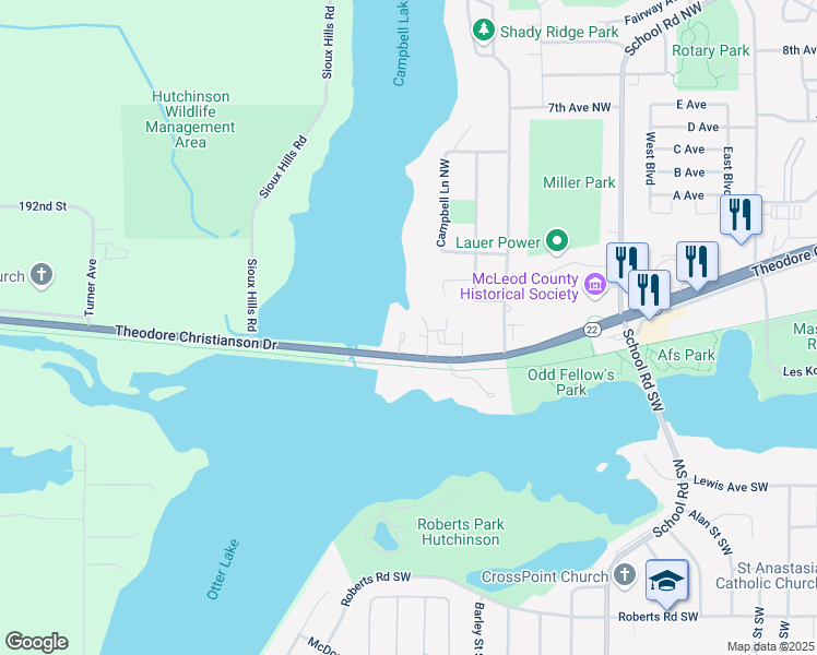 map of restaurants, bars, coffee shops, grocery stores, and more near 130 Illinois Street Northwest in Hutchinson