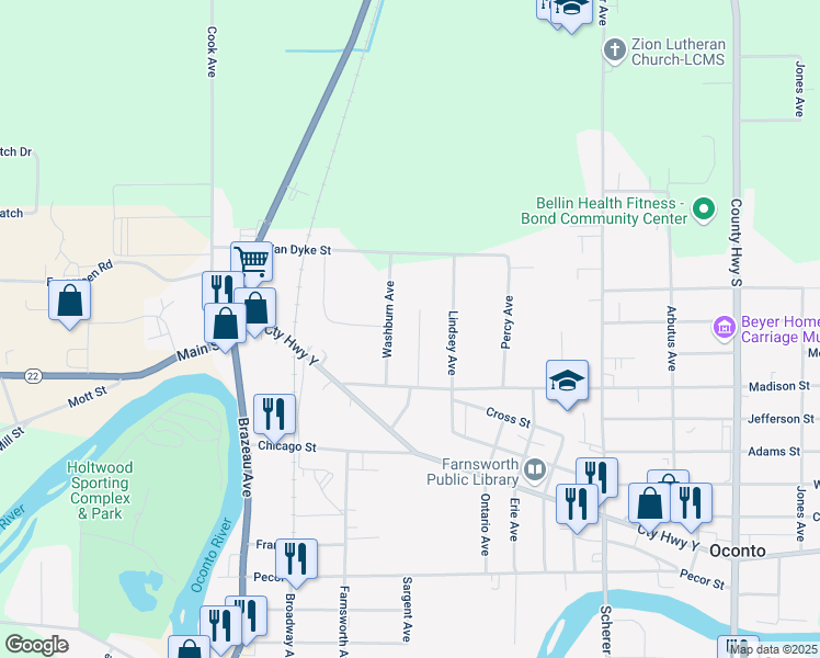 map of restaurants, bars, coffee shops, grocery stores, and more near 153 Luby Avenue in Oconto