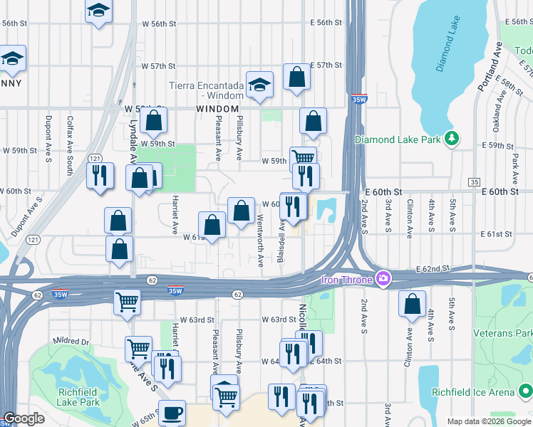 map of restaurants, bars, coffee shops, grocery stores, and more near 6019 Wentworth Avenue in Minneapolis