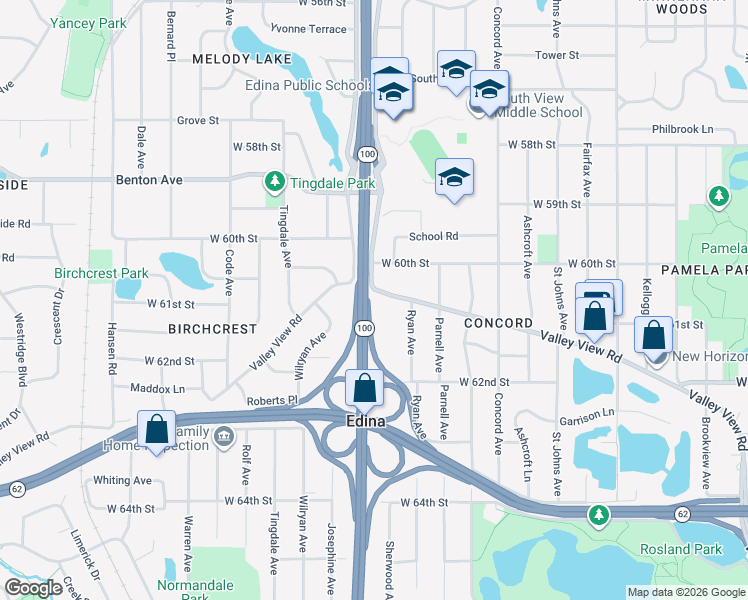 map of restaurants, bars, coffee shops, grocery stores, and more near 4835 Valley View Road in Minneapolis