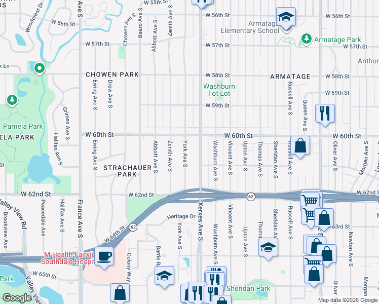 map of restaurants, bars, coffee shops, grocery stores, and more near 6029 York Avenue South in Edina
