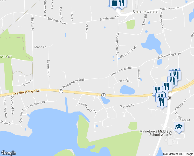 map of restaurants, bars, coffee shops, grocery stores, and more near Yellowstone Trail in Excelsior
