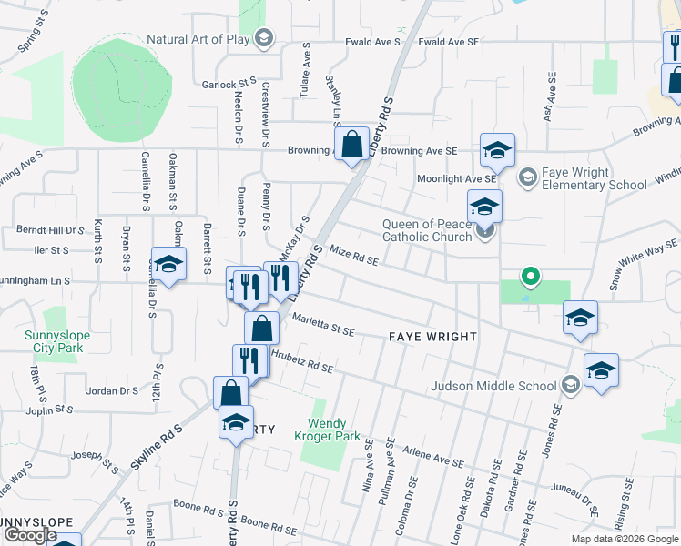 map of restaurants, bars, coffee shops, grocery stores, and more near 152 Idylwood Drive Southeast in Salem