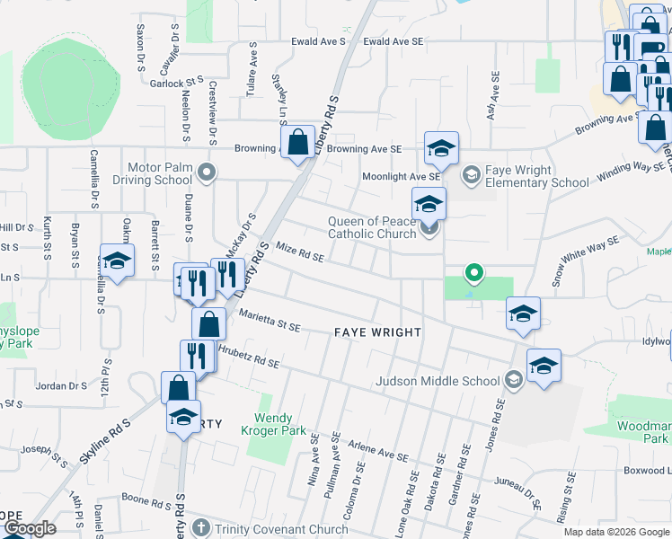 map of restaurants, bars, coffee shops, grocery stores, and more near 216 Mize Road South in Salem