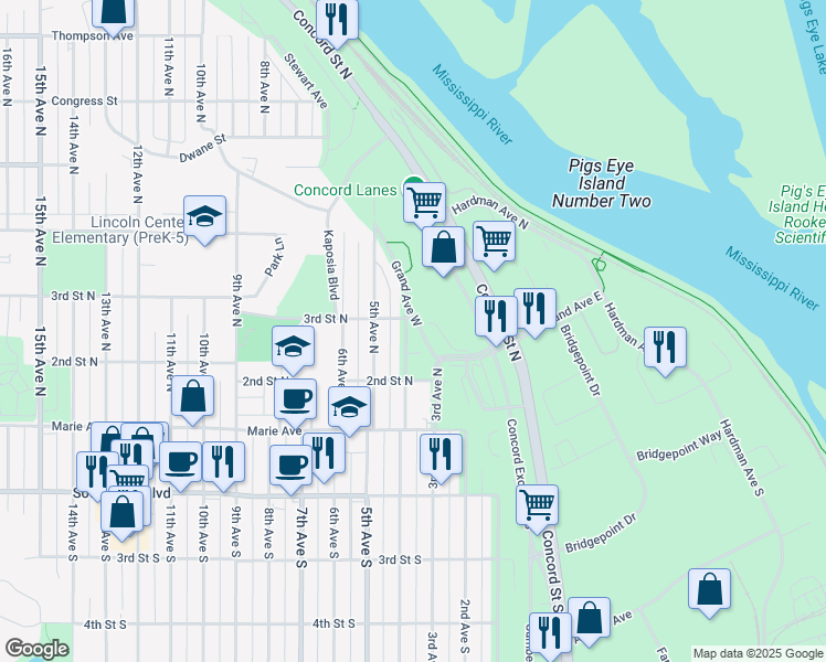 map of restaurants, bars, coffee shops, grocery stores, and more near 236 4th Avenue South in South Saint Paul