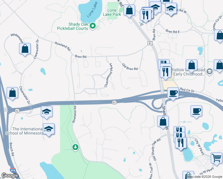 map of restaurants, bars, coffee shops, grocery stores, and more near 6125 Chasewood Parkway in Minnetonka