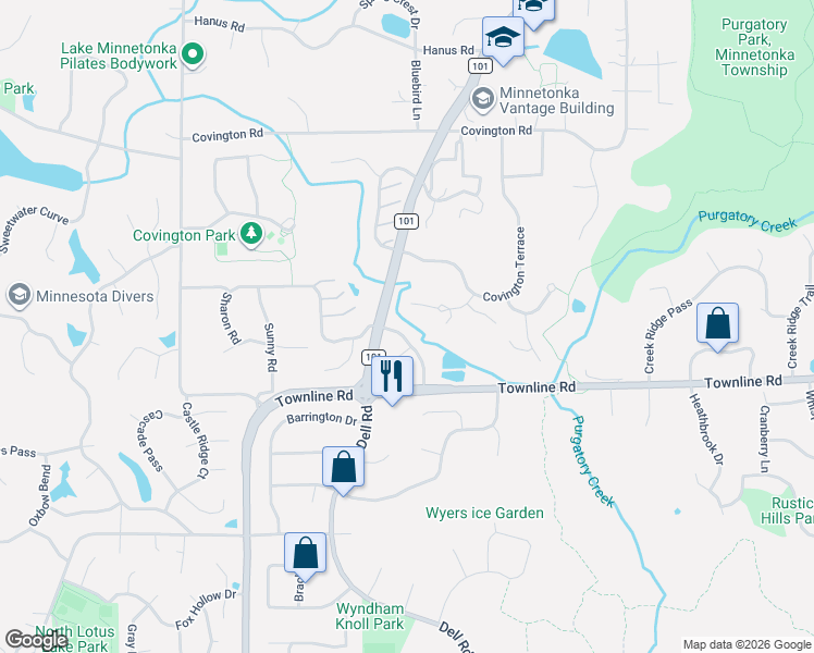 map of restaurants, bars, coffee shops, grocery stores, and more near 6107 Creek View Trail in Minnetonka