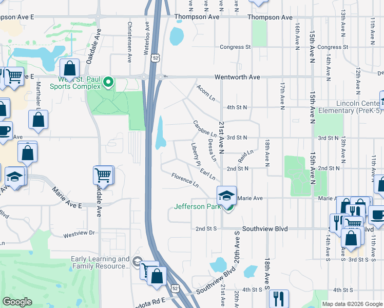 map of restaurants, bars, coffee shops, grocery stores, and more near 235 Liberty Place in South Saint Paul