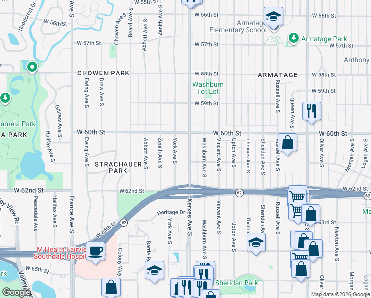 map of restaurants, bars, coffee shops, grocery stores, and more near 6029 York Avenue South in Edina