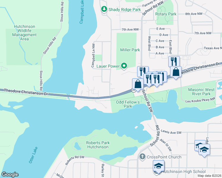map of restaurants, bars, coffee shops, grocery stores, and more near 155 Shady Ridge Road Northwest in Hutchinson