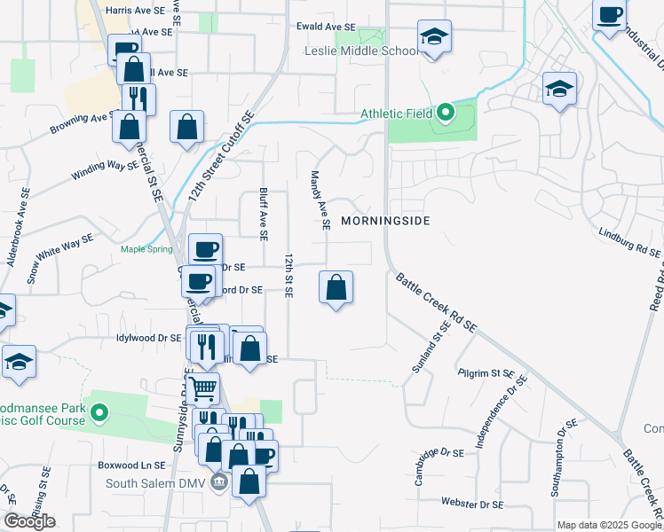 map of restaurants, bars, coffee shops, grocery stores, and more near 4240 Mandy Avenue Southeast in Salem