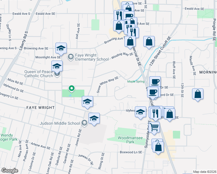 map of restaurants, bars, coffee shops, grocery stores, and more near 4262 Elf Avenue Southeast in Salem