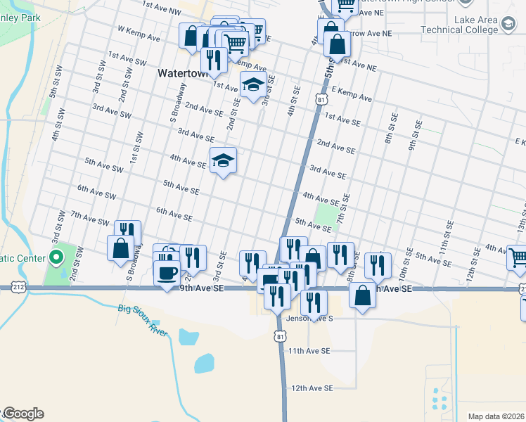 map of restaurants, bars, coffee shops, grocery stores, and more near 401 5th Avenue Southeast in Watertown