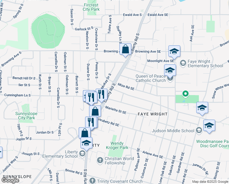 map of restaurants, bars, coffee shops, grocery stores, and more near 4342 Liberty Road South in Salem