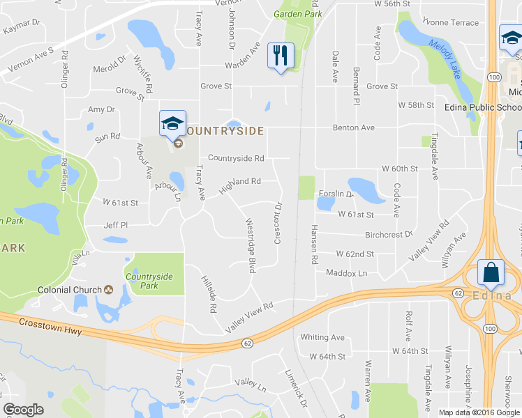 map of restaurants, bars, coffee shops, grocery stores, and more near 5509 Hunter Street in Minneapolis