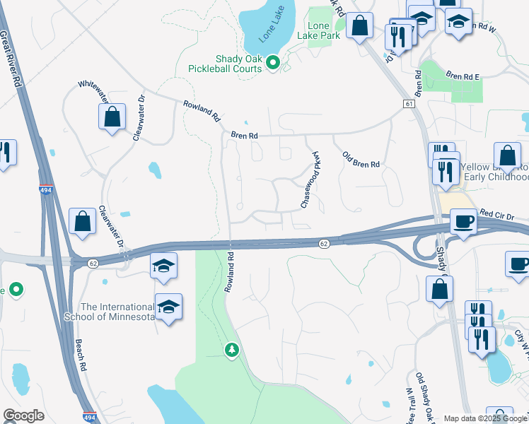 map of restaurants, bars, coffee shops, grocery stores, and more near 6050 Chasewood Parkway in Hopkins